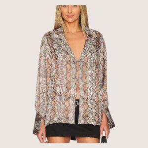 Ena Pelly Cuffed Long Sleeve Front Tie Shirt Women's Snake Skin Brown Size 6/8